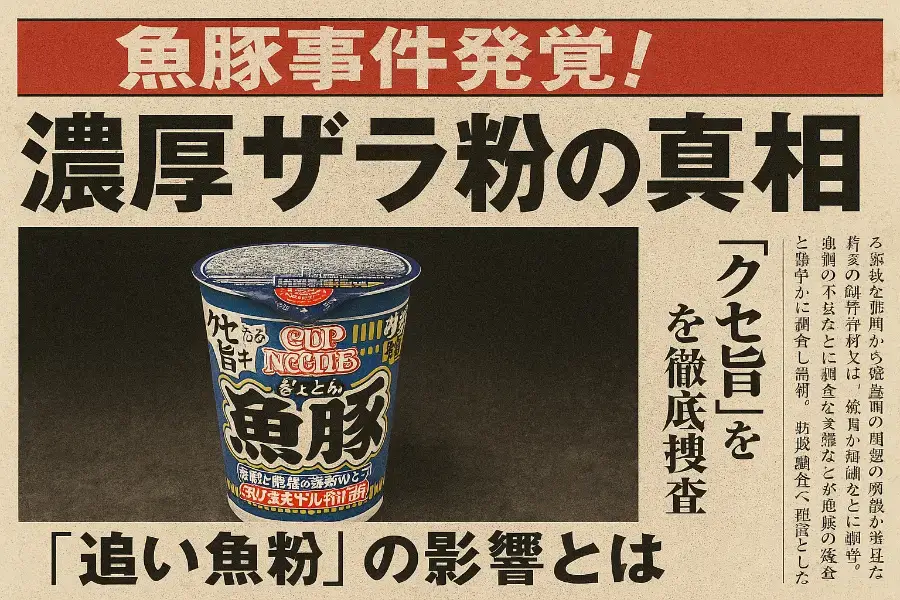 魚豚のパッケージ写真を中央に配置し、周囲に「魚豚事件発覚！」「濃厚ザラ粉の真相」など新聞風見出し。